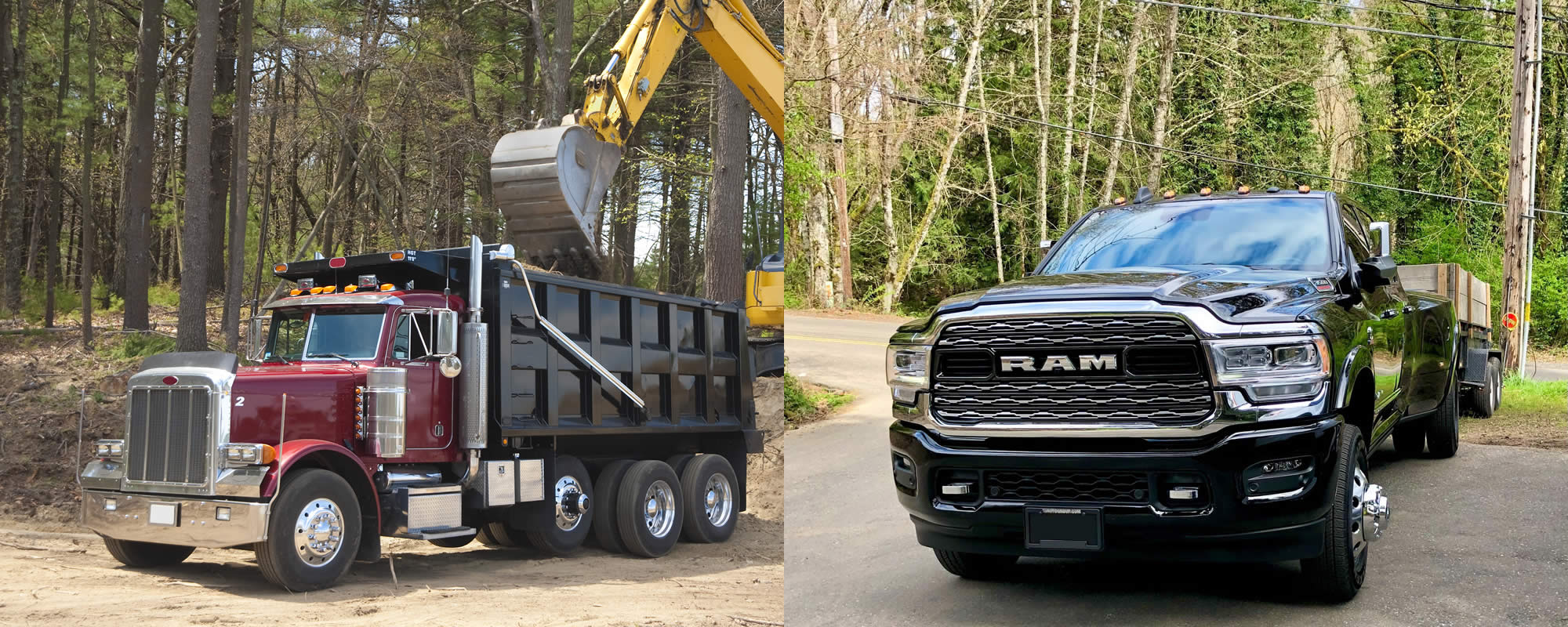 Split image of dump truck getting loaded with dirt and a dually truck parked with a trailer